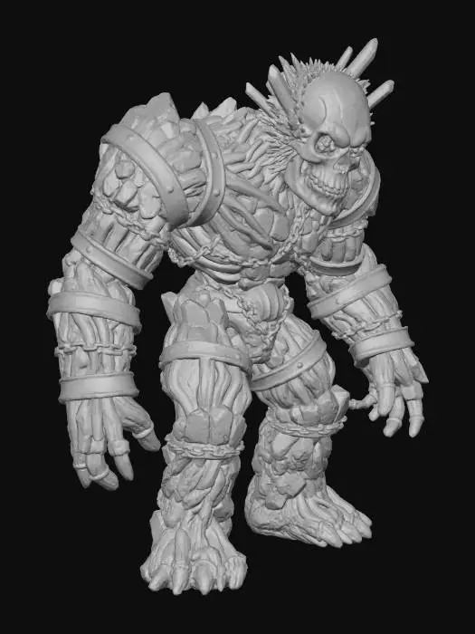 3D model for A "Geode Skull Golem" character: A massive, lumbering golem with a body of rough-hewn stone and gnarled wood, bound by thick, rusting iron bands. Its head is a colossal human skull, not of bone, but a fractured, dark geode. From deep cracks in the geode and its eye sockets, iridescent crystals glow with a shifting, internal rainbow light, fusing ancient earth magic with a profound, glittering dread. #Halloween2025#