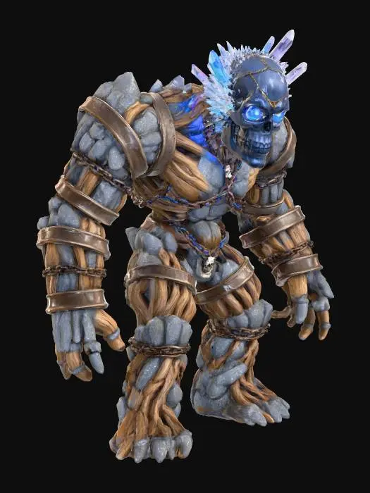 3D model for A "Geode Skull Golem" character: A massive, lumbering golem with a body of rough-hewn stone and gnarled wood, bound by thick, rusting iron bands. Its head is a colossal human skull, not of bone, but a fractured, dark geode. From deep cracks in the geode and its eye sockets, iridescent crystals glow with a shifting, internal rainbow light, fusing ancient earth magic with a profound, glittering dread. #Halloween2025#