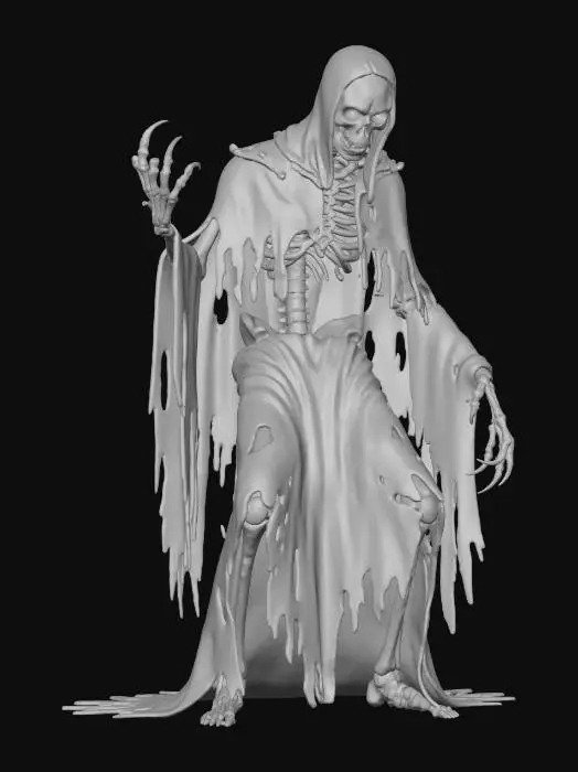 3D model for An "Opal Lich" creature: A gaunt, skeletal lich figure draped in tattered, shadow-like robes. Its entire skeletal structure is composed of shimmering, iridescent opal, glowing with an internal, ethereal multi-colored light that subtly pulses. Its eyes are hollow pools of this swirling, celestial luminescence, making it a terrifying yet mesmerizing entity of pure, glowing arcane power. #Halloween2025#