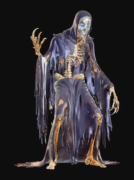 3D model for An "Opal Lich" creature: A gaunt, skeletal lich figure draped in tattered, shadow-like robes. Its entire skeletal structure is composed of shimmering, iridescent opal, glowing with an internal, ethereal multi-colored light that subtly pulses. Its eyes are hollow pools of this swirling, celestial luminescence, making it a terrifying yet mesmerizing entity of pure, glowing arcane power. #Halloween2025#