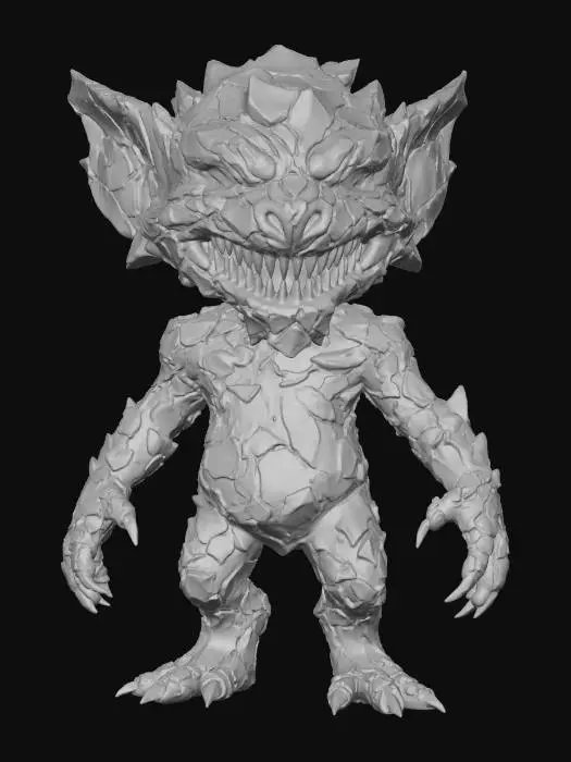 3D model for A "Volcanic Glass Imp" creature: a small, mischievous imp-like figure, its body composed entirely of sharp, dark volcanic glass. Within its translucent form, veins of glowing, molten gold and silver constantly shift and pulse with an intense internal light, giving it a fiery, dangerous beauty that subverts traditional impish designs with raw elemental power. #Halloween2025#