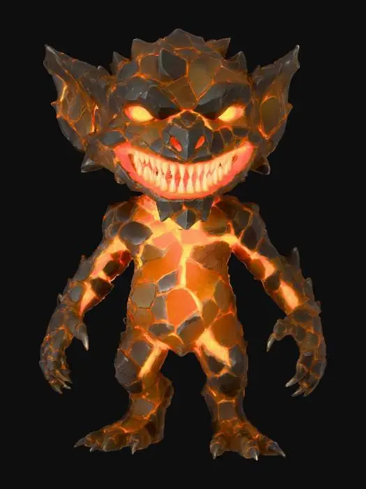 3D model for A "Volcanic Glass Imp" creature: a small, mischievous imp-like figure, its body composed entirely of sharp, dark volcanic glass. Within its translucent form, veins of glowing, molten gold and silver constantly shift and pulse with an intense internal light, giving it a fiery, dangerous beauty that subverts traditional impish designs with raw elemental power. #Halloween2025#