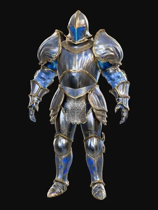 3D model for A "Haunted Abalone Armor" prop: an ancient, ornate suit of knight's armor, its metal plates replaced or adorned with polished abalone shell, giving it a stunning, iridescent rainbow sheen. From within the helmet and gaps in the armor, a faint, chilling blue spectral light pulses, hinting at a spectral inhabitant, fusing medieval warfare with aquatic mysticism. #Halloween2025#