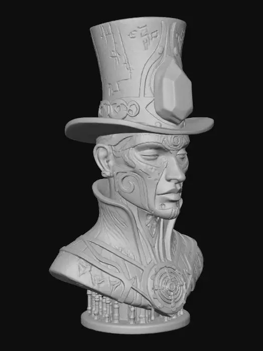 3D model for A stylized Magician head bust, intricately carved from dark, lacquered wood, but adorned with polished bronze plating and visible, rotating clockwork mechanisms around its base and forehead. Its prominent top hat, also bronze, features a large, faceted quartz crystal embedded in the brim, which glows with an internal, ethereal, multi-colored light like captured starlight. #Halloween2025#