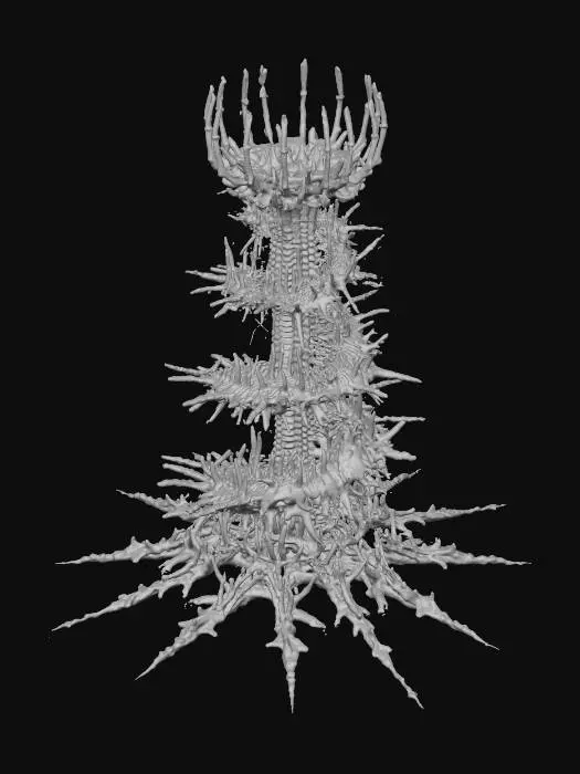 3D model for The skeletal remnants of a colossal, alien entity rise as a twisted radio tower on a plain white background. Its central column is a gnarled, spiraling backbone, from which countless sharp, organic bone shards protrude, acting as terrifying, fractured antennae. The structure is darkly iridescent, like fossilized obsidian, portraying an HR Giger-esque blend of ancient biological terror and grotesque communication, long dead. #Halloween2025#