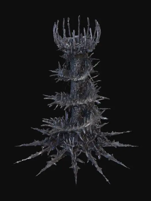 3D model for The skeletal remnants of a colossal, alien entity rise as a twisted radio tower on a plain white background. Its central column is a gnarled, spiraling backbone, from which countless sharp, organic bone shards protrude, acting as terrifying, fractured antennae. The structure is darkly iridescent, like fossilized obsidian, portraying an HR Giger-esque blend of ancient biological terror and grotesque communication, long dead. #Halloween2025#