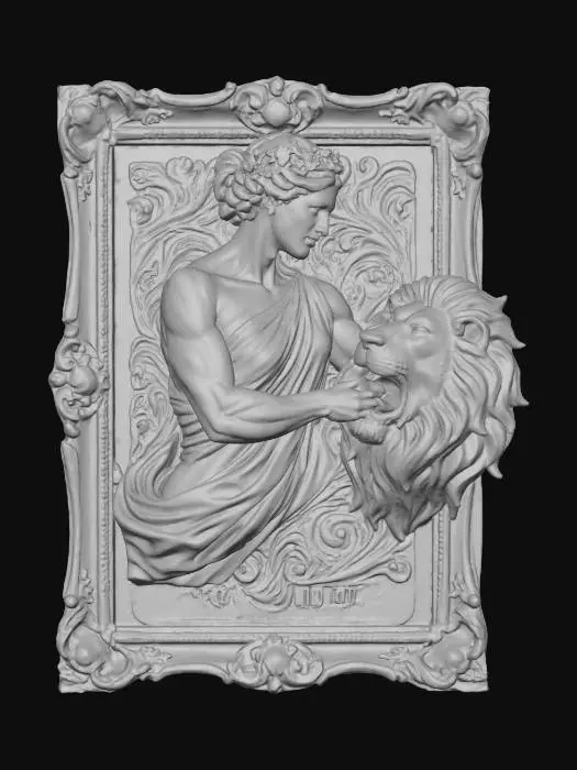 3D model for A stunning 3D figure of Strength, her powerful arm gently holding a lion's jaw, emerging from a framed 2D Rococo-inspired Tarot card. The card background features opulent, vivid floral patterns. Her athletic form and delicate floral wreath are rendered with a smooth, sculpted texture, shimmering with gold and silver accents on her sash and hair, creating a vibrant, tactile 3D painting.