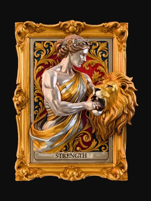 3D model for A stunning 3D figure of Strength, her powerful arm gently holding a lion's jaw, emerging from a framed 2D Rococo-inspired Tarot card. The card background features opulent, vivid floral patterns. Her athletic form and delicate floral wreath are rendered with a smooth, sculpted texture, shimmering with gold and silver accents on her sash and hair, creating a vibrant, tactile 3D painting.