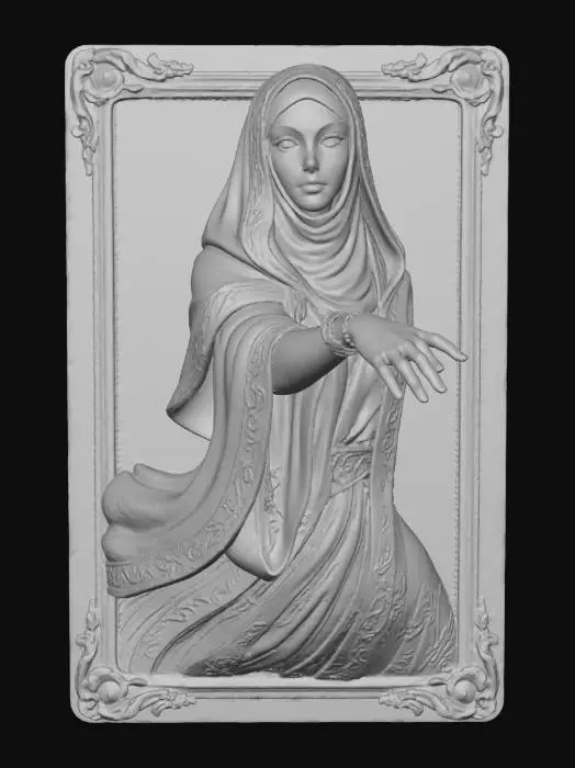 3D model for A stunning 3D portrayal of The High Priestess, her veiled arm and mysterious gaze emerging from a framed 2D Symbolist Tarot card. The card background depicts cosmic twilight in deep indigo and violet hues. Her porcelain-like skin and silk-textured robes, accented with shiny silver moon imagery and gold trim, seamlessly transition from the vivid, painterly card art into a striking 3D sculpture.