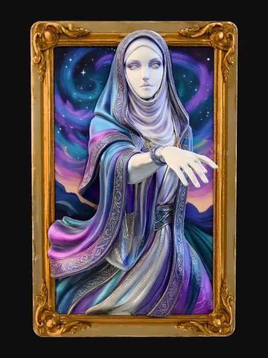 3D model for A stunning 3D portrayal of The High Priestess, her veiled arm and mysterious gaze emerging from a framed 2D Symbolist Tarot card. The card background depicts cosmic twilight in deep indigo and violet hues. Her porcelain-like skin and silk-textured robes, accented with shiny silver moon imagery and gold trim, seamlessly transition from the vivid, painterly card art into a striking 3D sculpture.