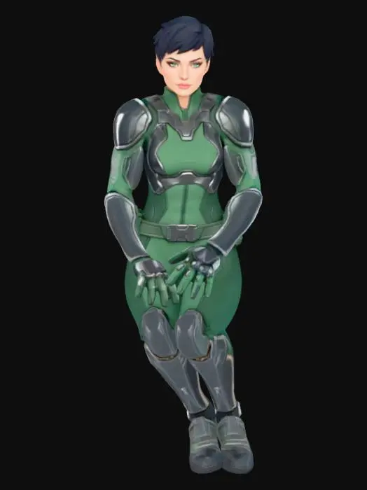 3D model for A beautiful female character in an A-pose, with a strong jawline and a short, neat pixie cut. Her attire is a tight-fitting, two-tone suit: a deep forest green fabric base with integrated, almost liquid black protective plating across the shoulders and chest. The contrasting textures are smooth yet resilient, creating a powerful, streamlined silhouette.