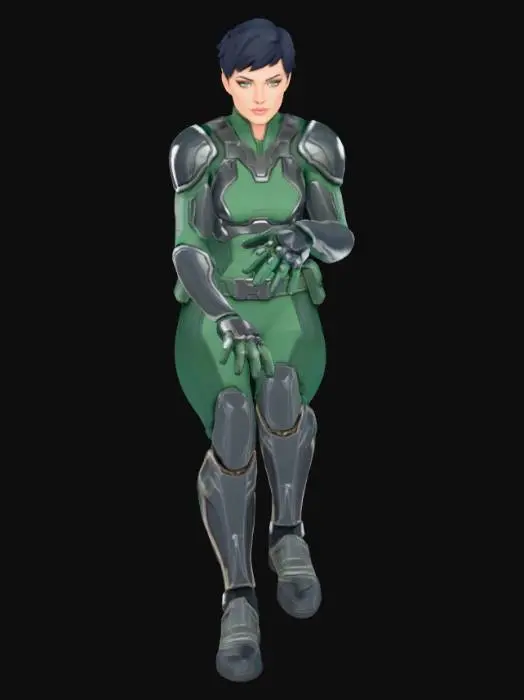 3D model for A beautiful female character in an A-pose, with a strong jawline and a short, neat pixie cut. Her attire is a tight-fitting, two-tone suit: a deep forest green fabric base with integrated, almost liquid black protective plating across the shoulders and chest. The contrasting textures are smooth yet resilient, creating a powerful, streamlined silhouette.