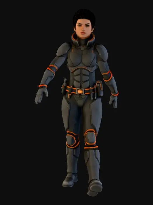 3D model for A beautiful female character in an A-pose, with defined features and short, curly black hair. She wears a tough, form-fitting grey space-explorer suit made of reinforced, segmented polymer panels with a gritty, durable texture. Bright orange accents highlight essential connections, and a streamlined utility belt is integrated seamlessly around her waist.