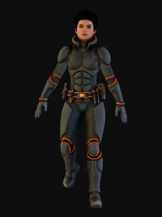 3D model for A beautiful female character in an A-pose, with defined features and short, curly black hair. She wears a tough, form-fitting grey space-explorer suit made of reinforced, segmented polymer panels with a gritty, durable texture. Bright orange accents highlight essential connections, and a streamlined utility belt is integrated seamlessly around her waist.