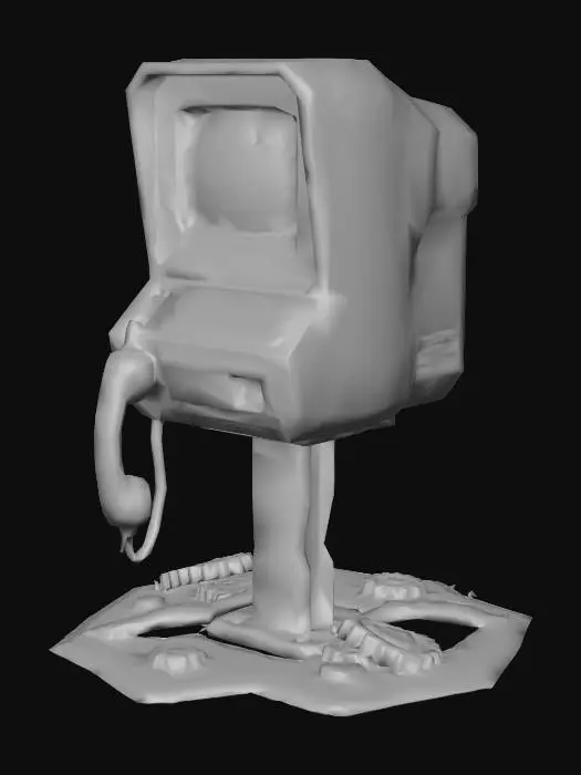 3D model for "A bulky video-telephone with a small monochrome screen and a heavy corded handset. The casing is a two-tone mix of dark turquoise and beige, both heavily discolored by age and smoke. The handset cord is frayed and sparked. The screen glass is shattered. Graffiti tags in marker pen cover the side. It sits on a metal stand that is rusted through. Stylized rendering, low-poly look with high detail textures, atomic age debris."