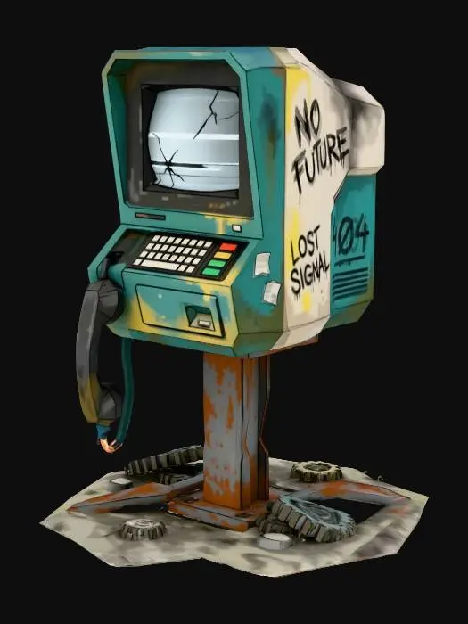 3D model for "A bulky video-telephone with a small monochrome screen and a heavy corded handset. The casing is a two-tone mix of dark turquoise and beige, both heavily discolored by age and smoke. The handset cord is frayed and sparked. The screen glass is shattered. Graffiti tags in marker pen cover the side. It sits on a metal stand that is rusted through. Stylized rendering, low-poly look with high detail textures, atomic age debris."
