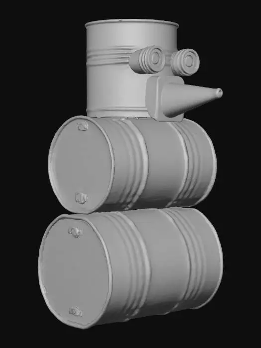 3D model for A cyberpunk snowman, crudely constructed from three rusted, dented oil barrels of varying sizes, stacked precariously. Its eyes are two broken, red-glowing surveillance camera lenses. A chipped plastic traffic cone serves as its carrot nose. Vibrant, abstract graffiti covers its sides, contrasting with the dark, corroded metal texture, which is extensively scratched and grimed. #Christmas2025#