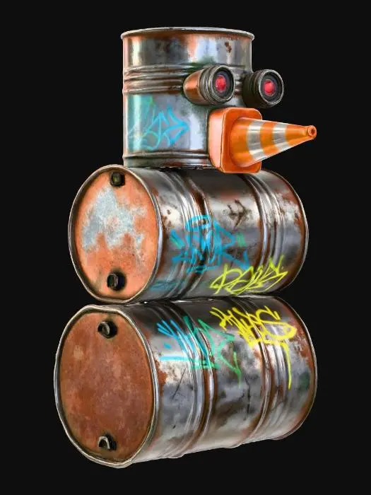3D model for A cyberpunk snowman, crudely constructed from three rusted, dented oil barrels of varying sizes, stacked precariously. Its eyes are two broken, red-glowing surveillance camera lenses. A chipped plastic traffic cone serves as its carrot nose. Vibrant, abstract graffiti covers its sides, contrasting with the dark, corroded metal texture, which is extensively scratched and grimed. #Christmas2025#