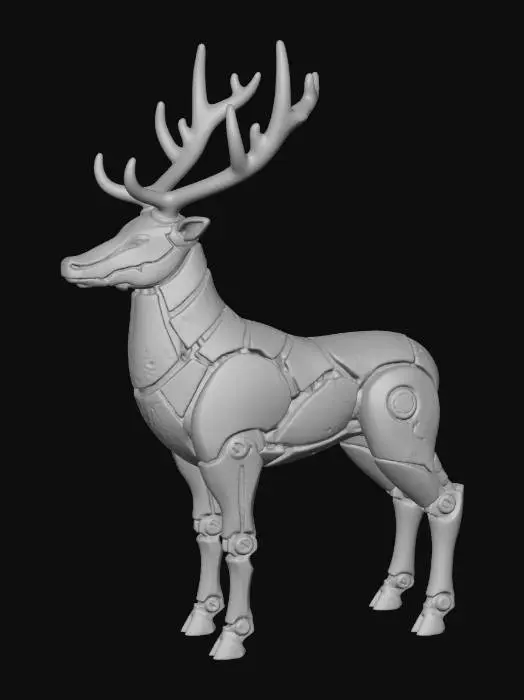 3D model for A robotic reindeer statuette, sleek and metallic, with articulated joints and glowing cerulean antlers that emit a soft, ethereal light. Its body is constructed from polished dark grey composites and brushed aluminum, mimicking muscle structure. Intricate circuitry patterns are subtly etched into its chest, giving it a high-tech, yet graceful appearance. #Christmas2025#
