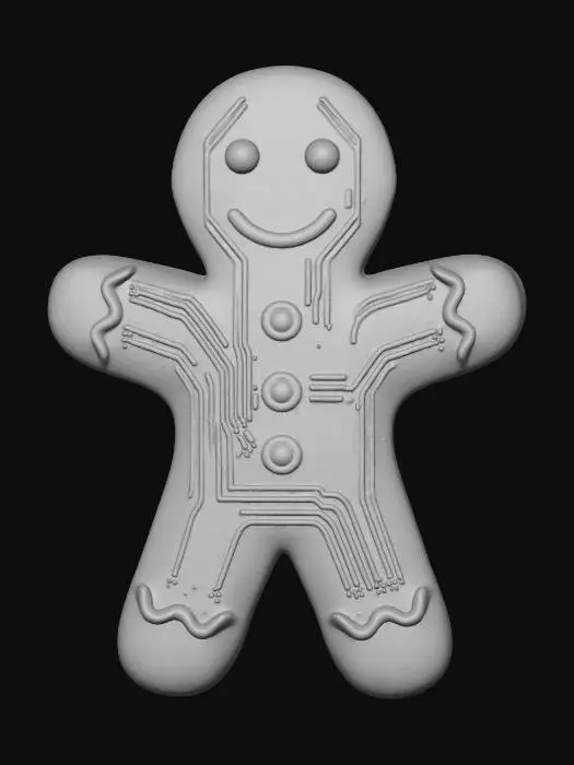 3D model for A futuristic gingerbread man, its form
molded from a dense, synthetic material that
resembles baked dough but has a subtle metallic sheen. Its "icing" details are bright,
fluorescent circuit traces that glow
yellow and red, and its eyes are tiny
embedded LEDs. The texture feels
smooth yet digitally patterned,
reminiscent of a circuit board. #Christmas2025#