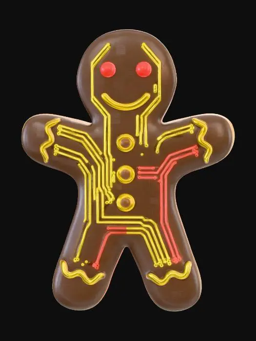 3D model for A futuristic gingerbread man, its form
molded from a dense, synthetic material that
resembles baked dough but has a subtle metallic sheen. Its "icing" details are bright,
fluorescent circuit traces that glow
yellow and red, and its eyes are tiny
embedded LEDs. The texture feels
smooth yet digitally patterned,
reminiscent of a circuit board. #Christmas2025#