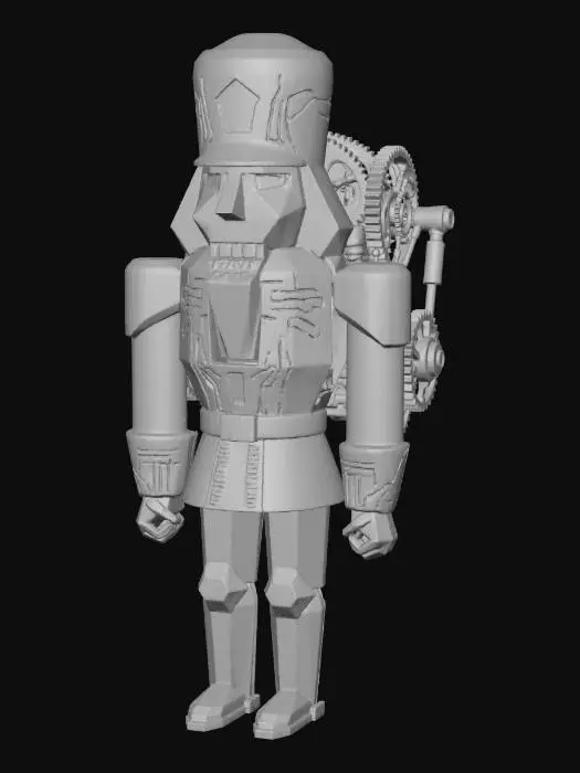 3D model for A chrome-plated nutcracker soldier, standing rigidly with sharp, angular armor. Its face is a stylized metallic visage, and its eyes glow with an intense, steady red light. The traditional lever mechanism is replaced by visible gears and pistons, giving it a powerful, industrial feel. Its uniform details are etched with glowing cyan lines. #Christmas2025#