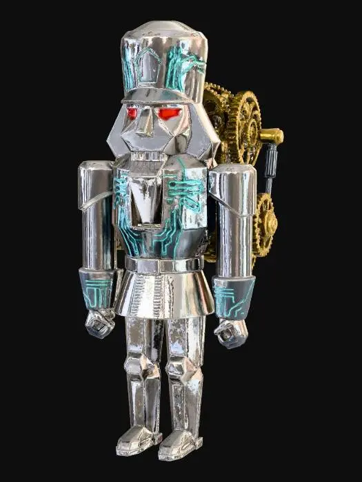 3D model for A chrome-plated nutcracker soldier, standing rigidly with sharp, angular armor. Its face is a stylized metallic visage, and its eyes glow with an intense, steady red light. The traditional lever mechanism is replaced by visible gears and pistons, giving it a powerful, industrial feel. Its uniform details are etched with glowing cyan lines. #Christmas2025#