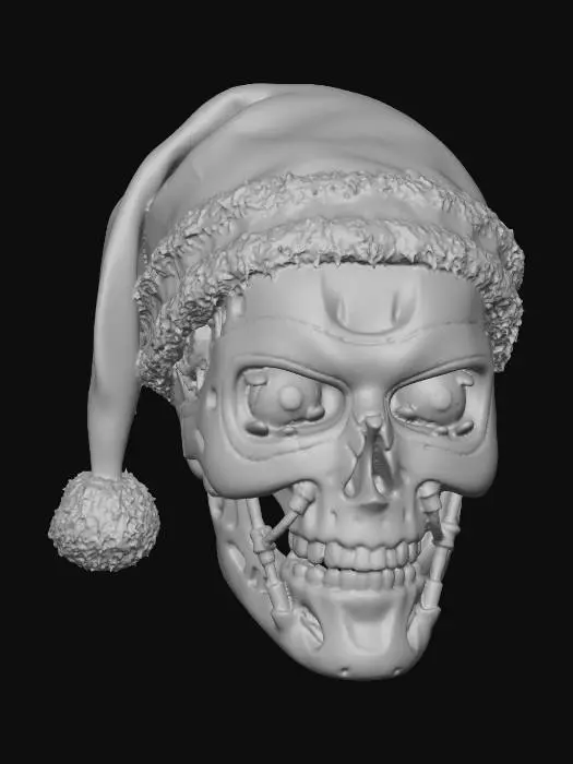 3D model for A gleaming chrome-plated skull, meticulously crafted with visible intricate wiring and subtle integrated LED lights that pulse with a soft red glow. It wears a slightly askew, worn crimson Santa hat, its fabric subtly frayed but lined with a shimmering, reflective material. The surface of the skull hints at battle scars, yet maintains a festive spirit. #Christmas2025#