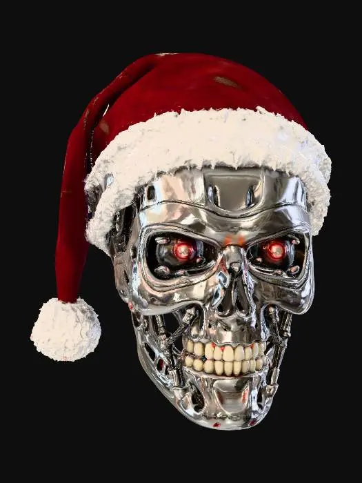3D model for A gleaming chrome-plated skull, meticulously crafted with visible intricate wiring and subtle integrated LED lights that pulse with a soft red glow. It wears a slightly askew, worn crimson Santa hat, its fabric subtly frayed but lined with a shimmering, reflective material. The surface of the skull hints at battle scars, yet maintains a festive spirit. #Christmas2025#