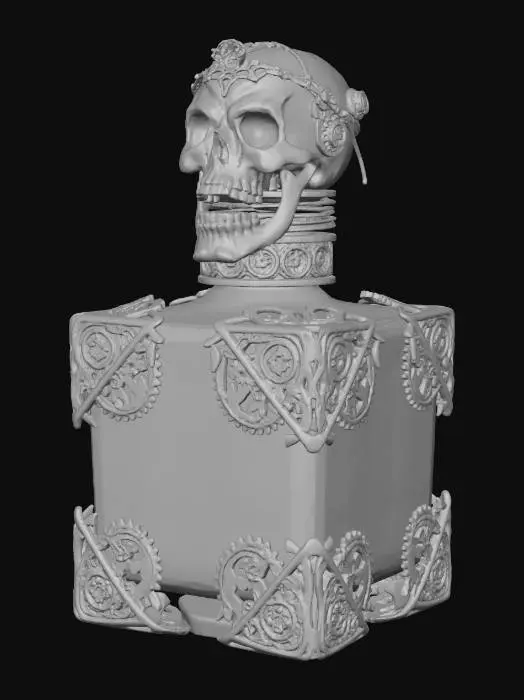 3D model for alchemists potion with metal details, skull lid, square shaped,
 swirling iridescent colors