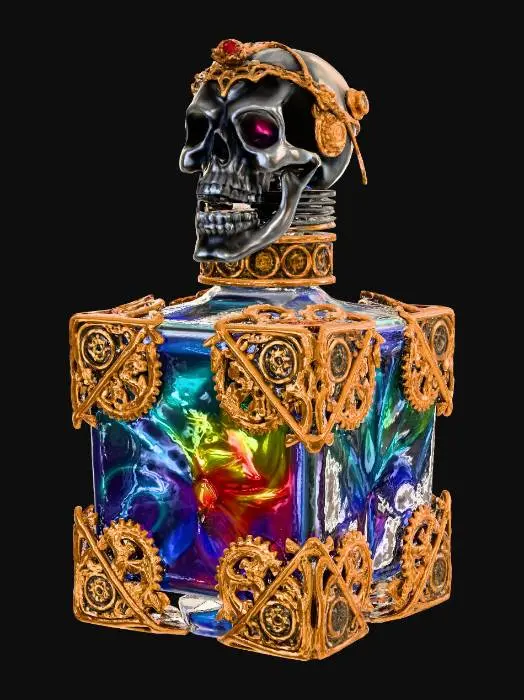 3D model for alchemists potion with metal details, skull lid, square shaped,
 swirling iridescent colors