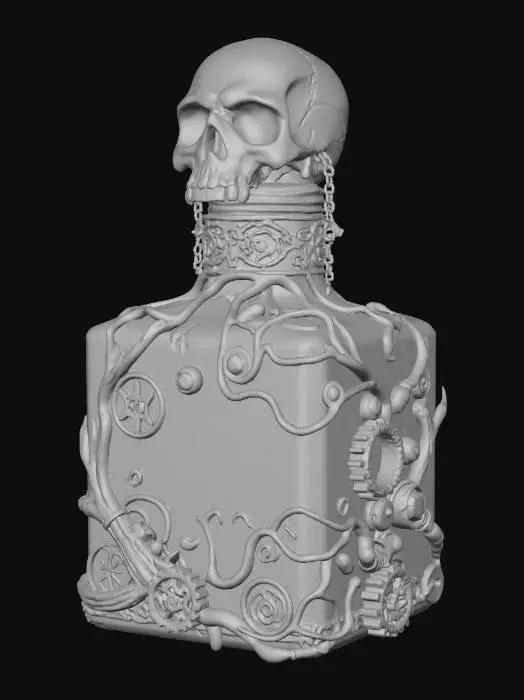 3D model for alchemists potion with metal details, skull lid, square shaped,
 swirling iridescent colors