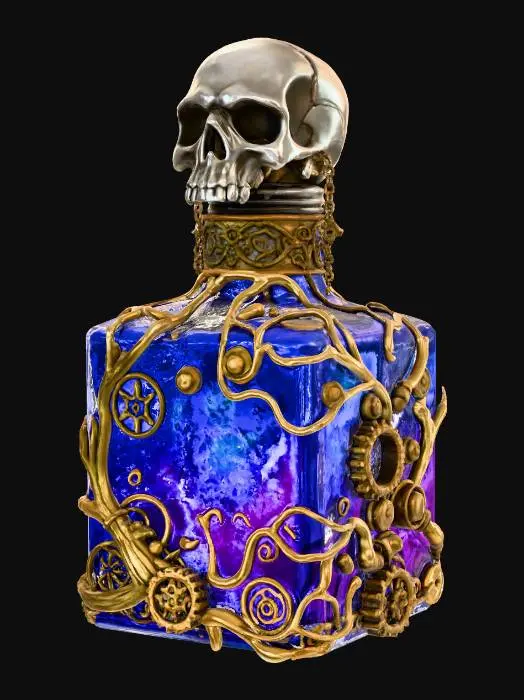3D model for alchemists potion with metal details, skull lid, square shaped,
 swirling iridescent colors