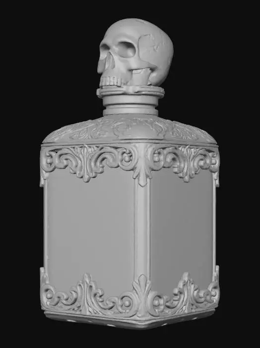 3D model for alchemists potion with metal details, skull lid, square shaped,
 swirling iridescent colors
