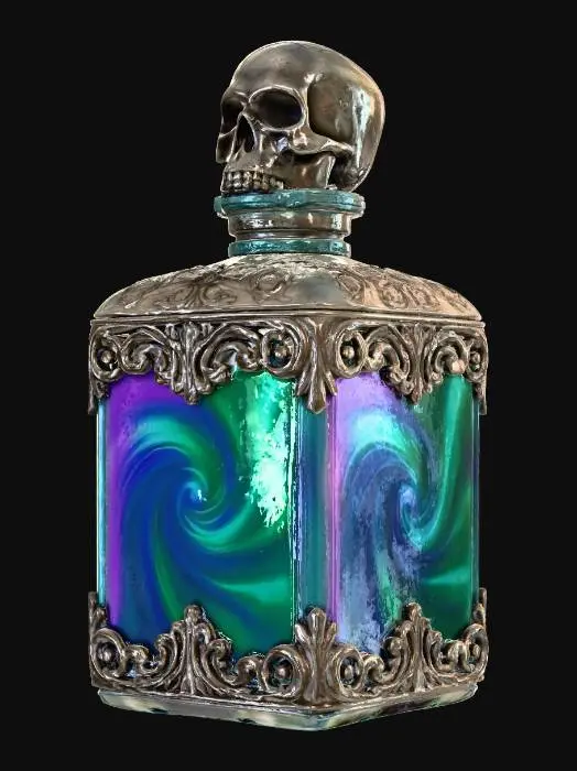 3D model for alchemists potion with metal details, skull lid, square shaped,
 swirling iridescent colors