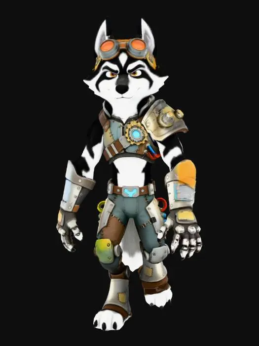 3D model for An anthro wolf character with orange googles, black and white fur, claw fingers. Tech aesthetic. Ratchet and clank inspired.