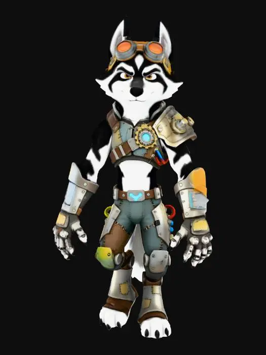 3D model for An anthro wolf character with orange googles, black and white fur, claw fingers. Tech aesthetic. Ratchet and clank inspired.
