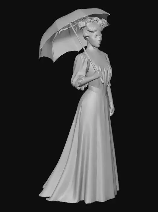 3D model for a silhouette of an edwardian woman holding an umbrella. Her outfit is dark but patterns are still visible. and her face and skin are black shadow.  her feet are not visible under her dress. grey background.