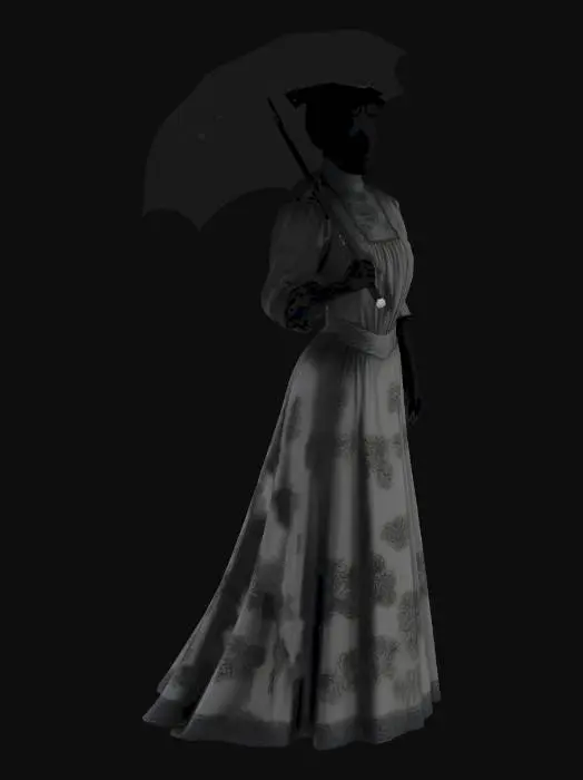 3D model for a silhouette of an edwardian woman holding an umbrella. Her outfit is dark but patterns are still visible. and her face and skin are black shadow.  her feet are not visible under her dress. grey background.