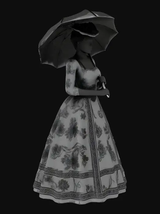 3D model for a silhouette of an edwardian woman holding an umbrella with both hands. Her outfit is dark but patterns are still visible. and her face and skin are black shadow. her feet are not visible under her large bell shaped dress. grey background.