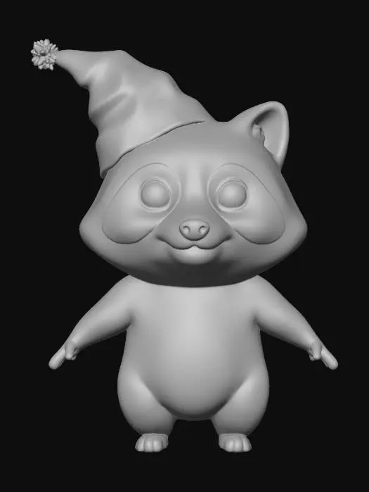 3D model for A raccoon wearing a silly party hat, he has brown fur and large expressive eyes, A pose