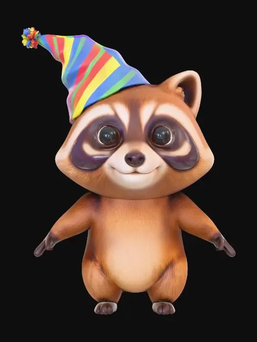 3D model for A raccoon wearing a silly party hat, he has brown fur and large expressive eyes, A pose