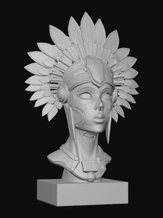3D model for [Mexico] A cyberpunk robot head bust, with golden Aztec motifs that fuse with futuristic glowing circuit board details. Wearing a feathered headdress. #AroundTheWorld#