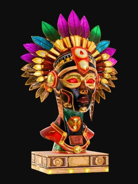 3D model for [Mexico] A cyberpunk robot head bust, with golden Aztec motifs that fuse with futuristic glowing circuit board details. Wearing a feathered headdress. #AroundTheWorld#