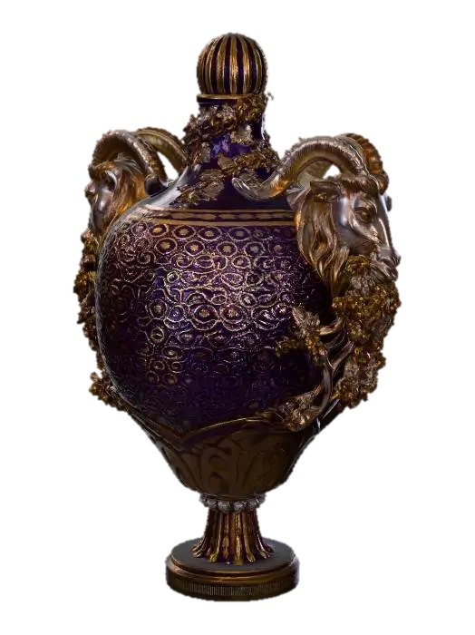 Blue and Gold Ram-Head Porcelain Urn 3D model, vytvořený pomocí AI
