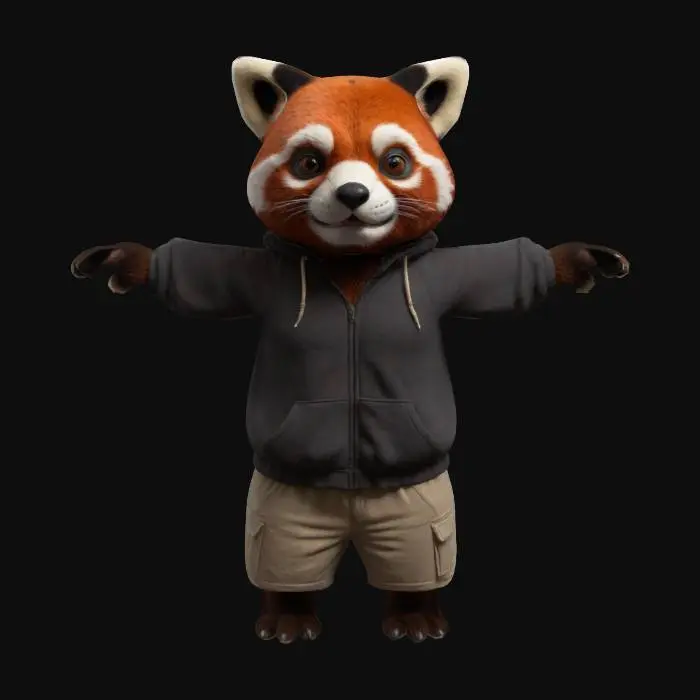 3D model for A male red panda character, anthropomorphic style with realistic fur and comfortable clothing.  t-pose 