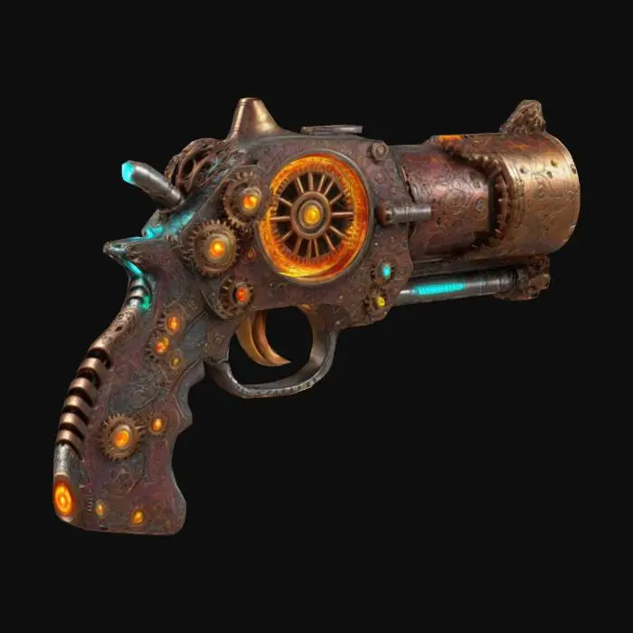 3D model for A steampunk spider gun, with cogs and gears, and a dinosaur bone handle, with futuristic inspired glowing energy colors. , #ChronoForgeWeapon#