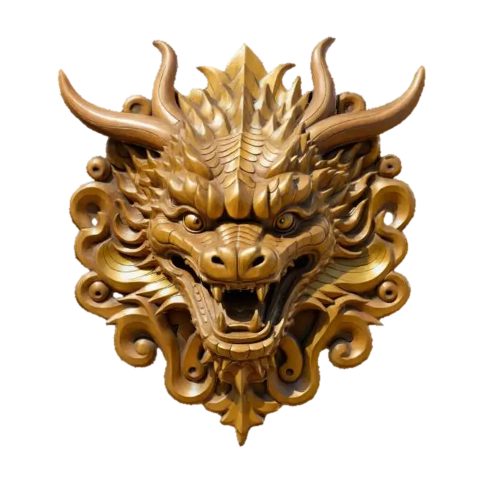 A carved wooden Dragon head wooden wall relief, with Gold painted features, in traditional Japanese… - Carving 的 AI 生成 3D 模型