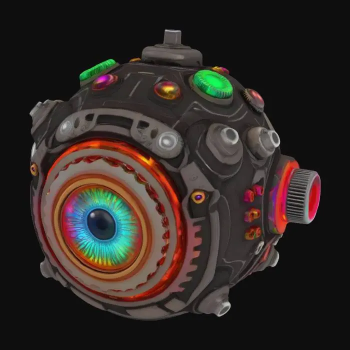 3D model for A mechanical eyeball with cogs around it, chromatic rainbow glowing highlights. Mechanism style.