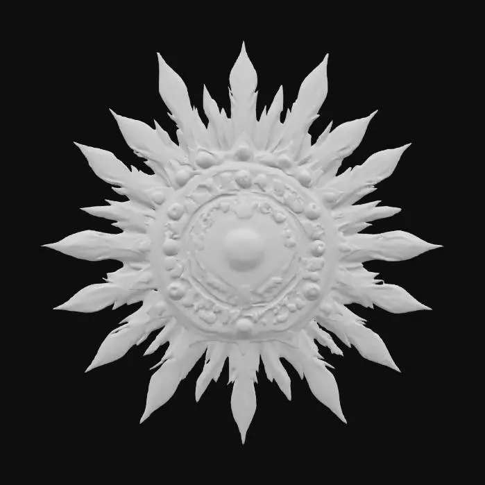 3D model for A radiant sunburst with 12 golden rays and a jewel-encrusted center medallion, baroque styling in gold and ruby.  #emblem#